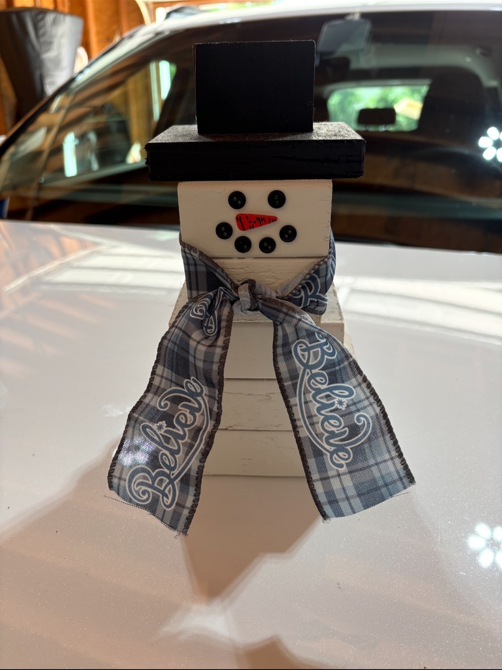 Handmade White and Black Snowman Holiday Decor with Gray 'Believe' Ribbon